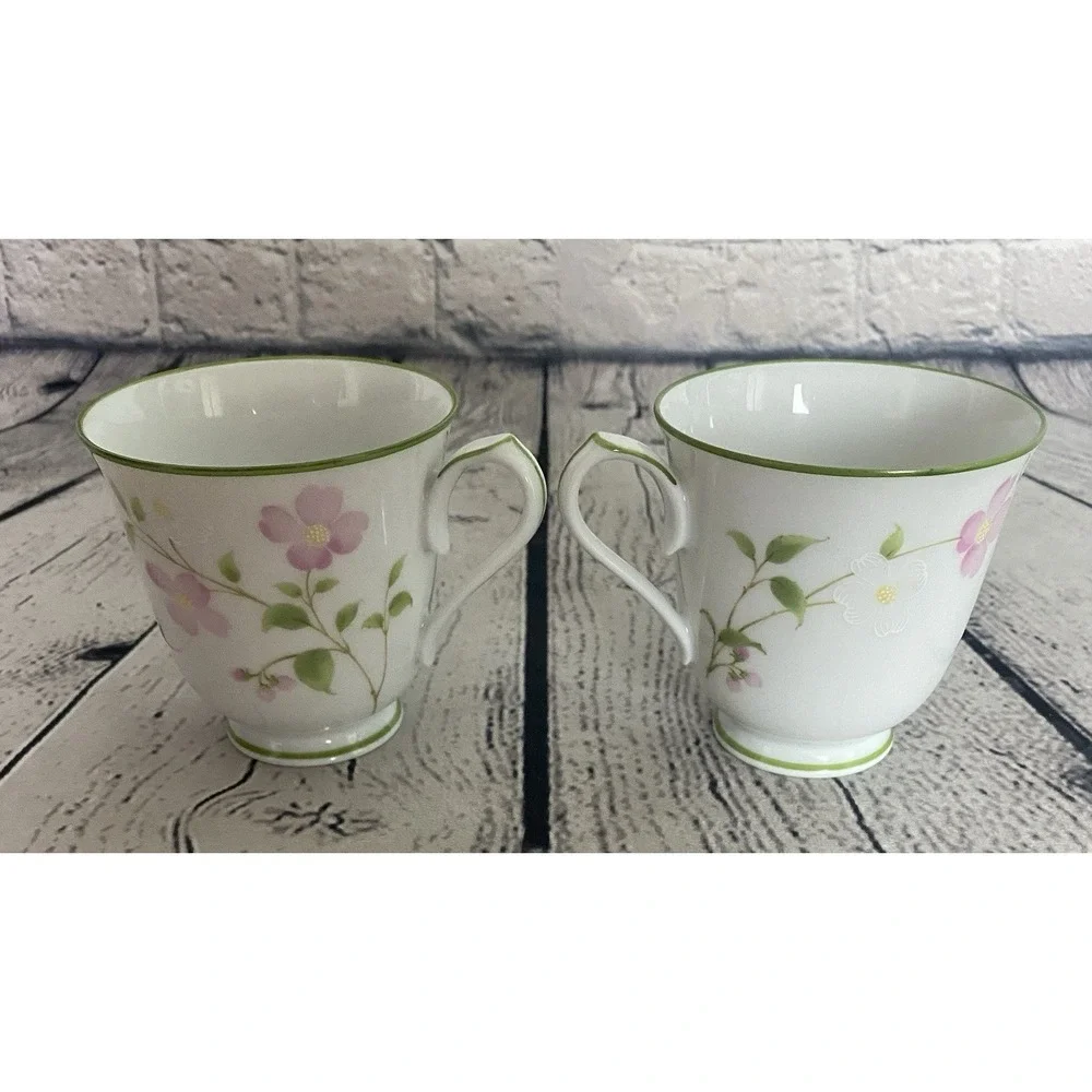 Noritake First Blush Tea Cup Saucer Set Of 4Pink & White Flower Green Trim #2605
